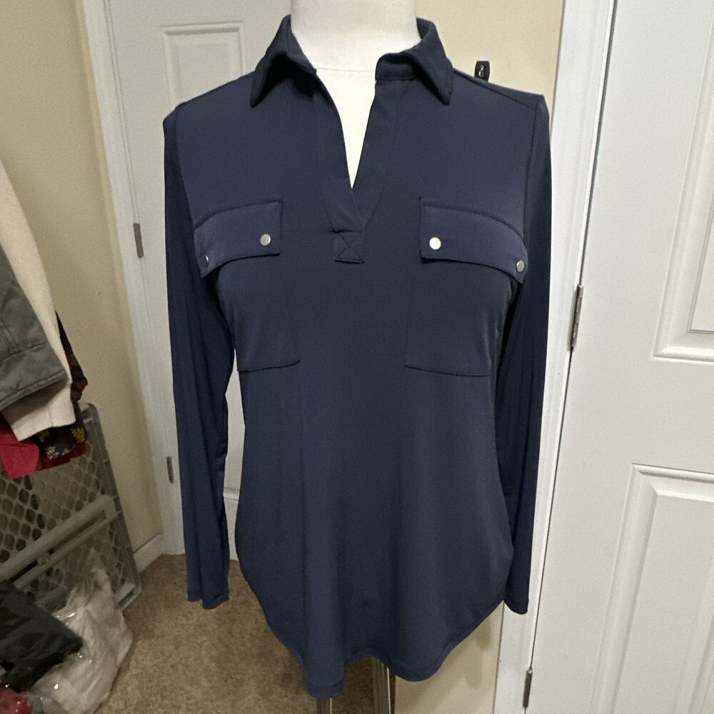 Jones New York Womens S Navy Blue Knit Polo Pullover Long Sleeve Stretch Pockets